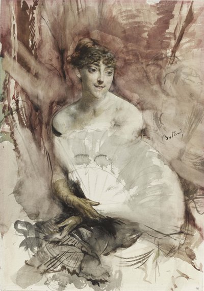 Vrouw met waaier zittend in een theaterloge, Gravin van Rasti, ca 1878 door Giovanni Boldini