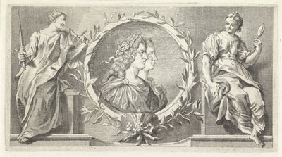 Cartouche met gelauwerde man en vrouw door Giovanni Cattini (attributed to)