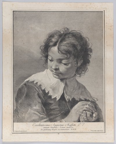 Jongen met een kanten kraag die een stuk fruit in zijn handen houdt, 1743 door Giovanni Cattini