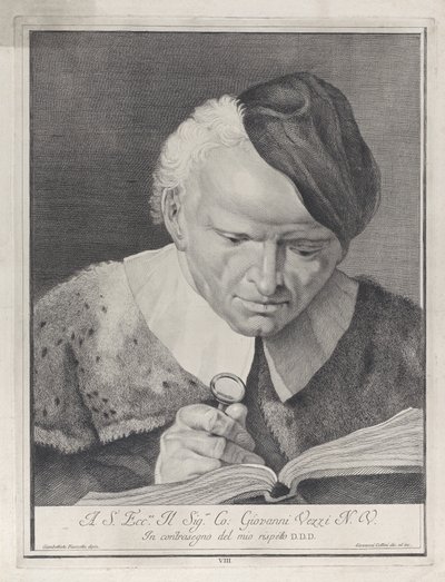 Man met een hoed die een boek leest met een vergrootglas, 1743 door Giovanni Cattini