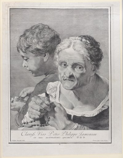Oude vrouw met een rozenkrans en een jongen die munten telt, 1743 door Giovanni Cattini