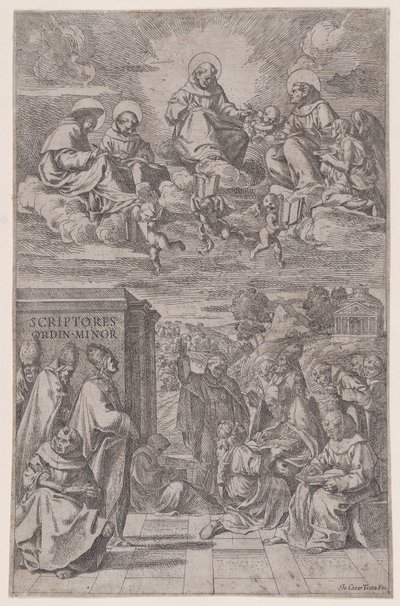 Geestelijken in een landschap schrijven, anderen in het hemelse rijk boven, ca. 1650 door Giovanni Cesare Testa
