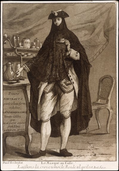 Een man met een masker die een kop koffie drinkt (Le Masque au Caffé) door Giovanni David
