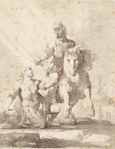 Soldaat in antieke kleding zwaaiend met een zwaard over een knielende soldaat door Giovanni Domenico Ferretti