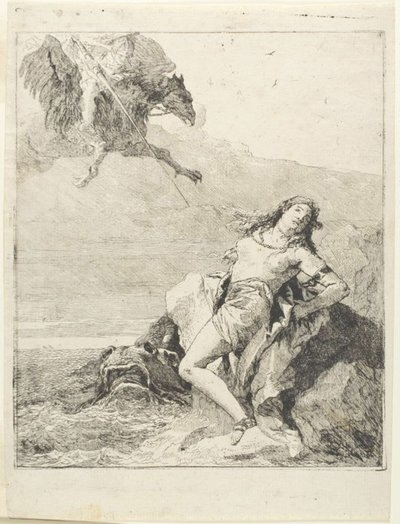 Angelica gebonden en op het punt om door het zeemonster verslonden te worden door Giovanni Domenico Tiepolo