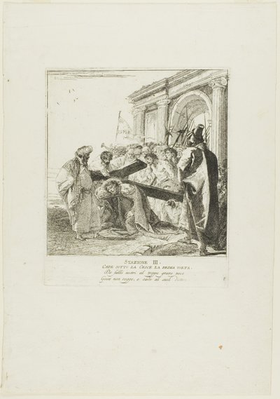 Christus valt voor het eerst onder het kruis, plaat drie uit Kruiswegstaties door Giovanni Domenico Tiepolo