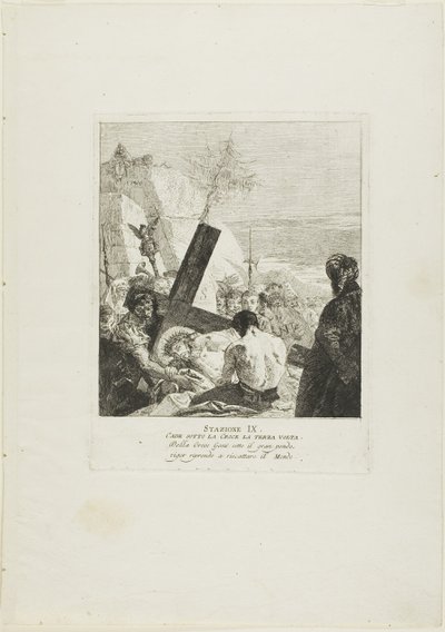Christus valt voor de derde keer onder het kruis, plaat negen uit Kruiswegstaties door Giovanni Domenico Tiepolo