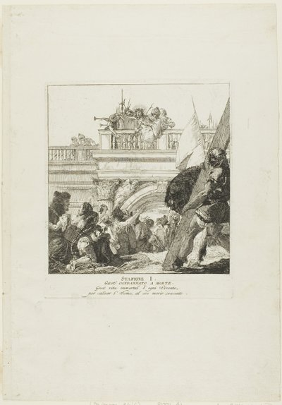 Christus is ter dood veroordeeld, plaat één uit Kruiswegstaties door Giovanni Domenico Tiepolo