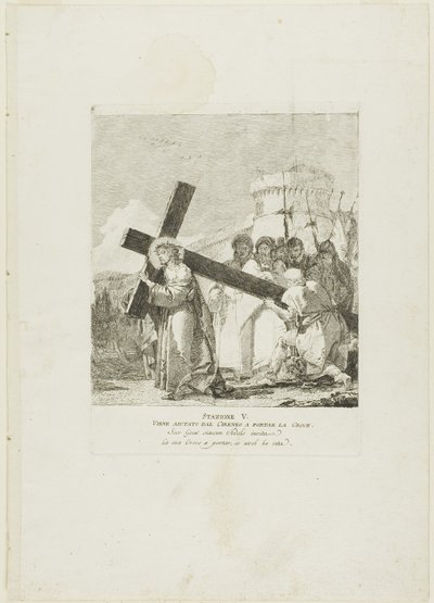 Christus wordt geholpen door Simon van Cyrene, plaat vijf uit Kruiswegstaties door Giovanni Domenico Tiepolo