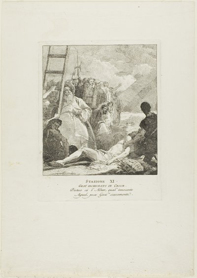 Christus is aan het kruis genageld, plaat elf uit Kruiswegstaties door Giovanni Domenico Tiepolo