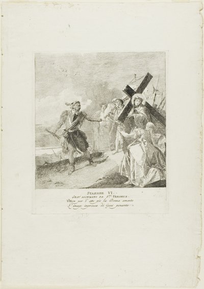 Het gezicht van Christus wordt afgeveegd door de heilige Veronica, plaat zes uit Kruiswegstaties door Giovanni Domenico Tiepolo