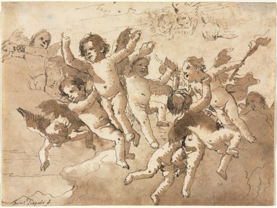 Cupido in de Wolken met Begeleidende Cherubijnen, 1757 of later door Giovanni Domenico Tiepolo