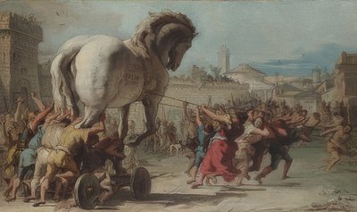 De processie van het Trojaanse paard naar Troje. Circa 1760 door Giovanni Domenico Tiepolo