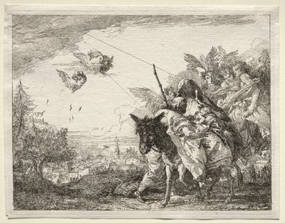 Vlucht naar Egypte: Jozef pauzeert om naar het kind Christus te kijken door Giovanni Domenico Tiepolo
