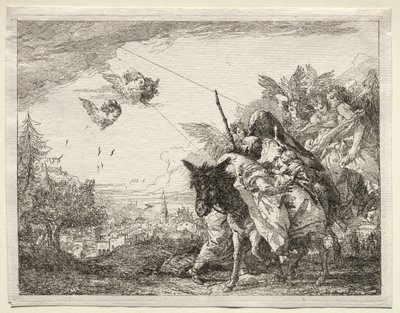Vlucht naar Egypte: Jozef pauzeert om naar het kind Christus te kijken door Giovanni Domenico Tiepolo