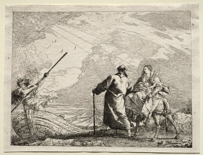 Vlucht naar Egypte: De Heilige Familie komt aan bij de oever van de rivier door Giovanni Domenico Tiepolo