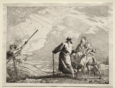 Vlucht naar Egypte: De Heilige Familie komt aan bij de oever van de rivier door Giovanni Domenico Tiepolo