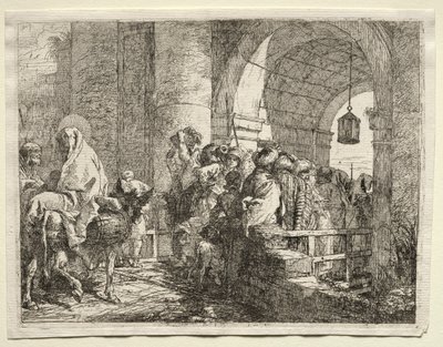 Vlucht naar Egypte: De Heilige Familie Onder een Boog door Giovanni Domenico Tiepolo