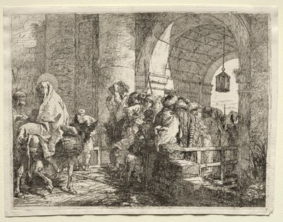 Vlucht naar Egypte: De Heilige Familie onder een boog door Giovanni Domenico Tiepolo