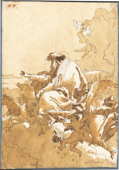 God de Vader gezeten in wolken omringd door engelen en putti door Giovanni Domenico Tiepolo