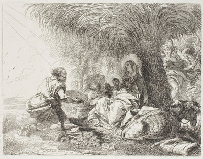 Jozef aanbidt het kind terwijl twee engelen zingen, plaat negentien uit De vlucht naar Egypte door Giovanni Domenico Tiepolo