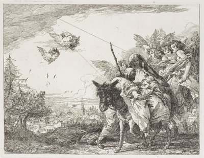 Jozef aanbidt het kind dat wordt vastgehouden in de armen van Maria, plaat negen uit De Vlucht naar Egypte door Giovanni Domenico Tiepolo