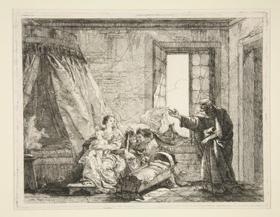 Joseph kondigt Maria het bevel aan om te vertrekken, uit de serie Idee pittoresche sopra la fuga in Egitto (Vlucht naar Egypte) door Giovanni Domenico Tiepolo