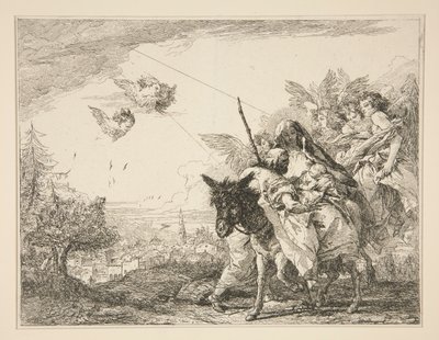Jozef Contempleert het Kind Jezus, uit de serie Idee pittoresche sopra la fuga in Egitto door Giovanni Domenico Tiepolo