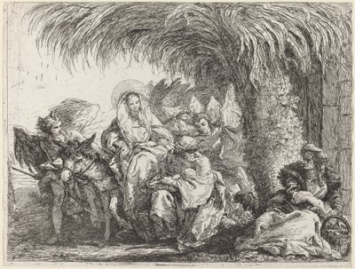 Jozef knielt met het kind voor Maria op de ezel door Giovanni Domenico Tiepolo