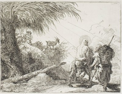 Jozef en Maria passeren een herder en zijn kudde, plaat elf uit De vlucht naar Egypte door Giovanni Domenico Tiepolo