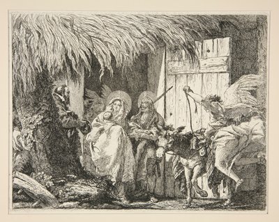 Jozef en Maria voor een huis, uit de serie Idee pittoresche sopra la fuga in Egitto door Giovanni Domenico Tiepolo
