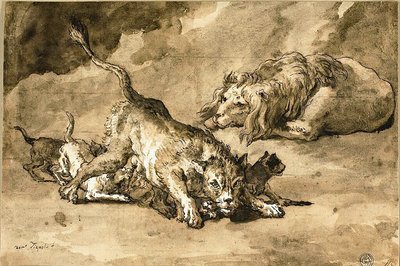 Leeuw, leeuwin en welpen door Giovanni Domenico Tiepolo