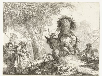 Maria met Kind ondersteund door engel en Jozef leidt ezel langs herder met schapen door Giovanni Domenico Tiepolo