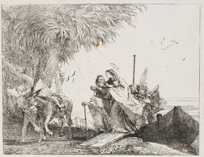 Maria, geholpen door Jozef en een engel, stapt uit de boot, plaat achttien uit De vlucht naar Egypte door Giovanni Domenico Tiepolo