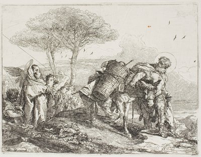 Maria, geholpen door twee engelen, volgt Jozef met de ezel, plaat 25 uit De Vlucht naar Egypte door Giovanni Domenico Tiepolo