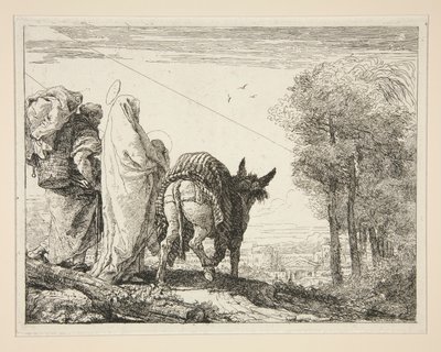 Maria die haar kind in haar armen houdt, uit de serie Idee pittoresche sopra la fuga in Egitto (Vlucht naar Egypte) door Giovanni Domenico Tiepolo
