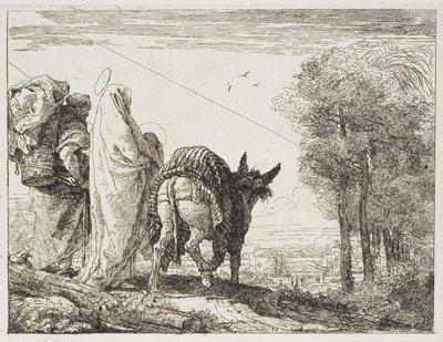 Maria houdt het kind in haar armen en Jozef met de mand, plaat tien uit De vlucht naar Egypte door Giovanni Domenico Tiepolo