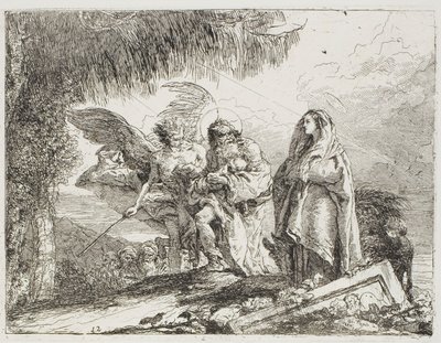 Maria en Jozef, die het Kind Vasthouden, worden Begeleid door een Engel, plaat twaalf uit De Vlucht naar Egypte door Giovanni Domenico Tiepolo