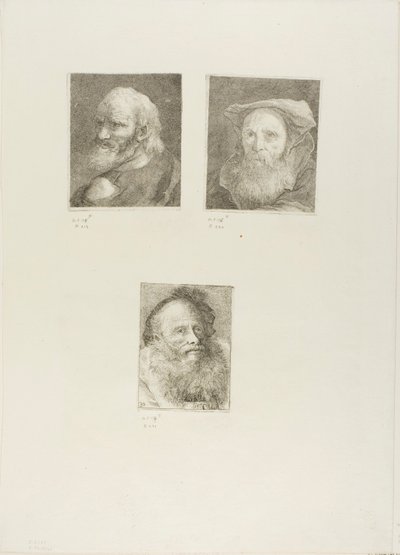 Oude man met baard, oude man met baard en hoed, oude man met decoratieve kap door Giovanni Domenico Tiepolo