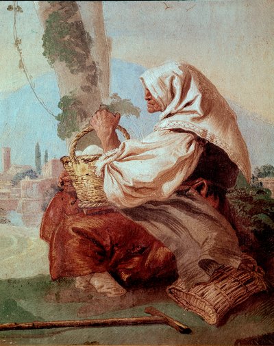 Oude boerin met een mand eieren door Giovanni Domenico Tiepolo