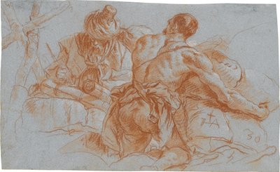 Orientalische Handelsleute mit Warenballen; verso: Skizze zu einem angewinkelten linken Arm door Giovanni Domenico Tiepolo