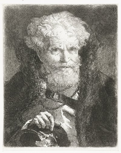 Oude man in mantel met bontkraag en helm door Giovanni Domenico Tiepolo