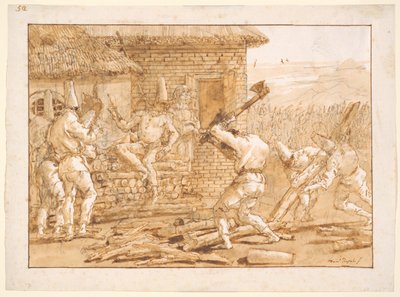 Punchinello hakt hout door Giovanni Domenico Tiepolo