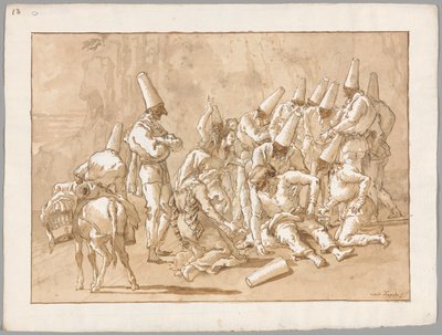 Punchinello stort in op de weg door Giovanni Domenico Tiepolo