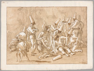Punchinello stort in op de weg door Giovanni Domenico Tiepolo