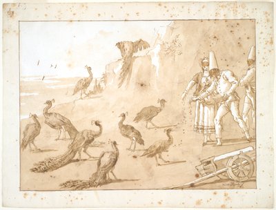 Punchinello voedt de pauwen door Giovanni Domenico Tiepolo