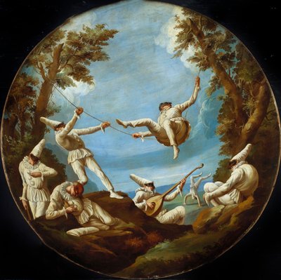 Punchinellos op Schommels, Muziek maken en Acrobatiek doen in een Landschap door Giovanni Domenico Tiepolo