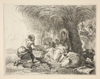 Sint Jozef aanbidt het kindje Jezus, uit de serie Idee pittoresche sopra la fuga in Egitto door Giovanni Domenico Tiepolo