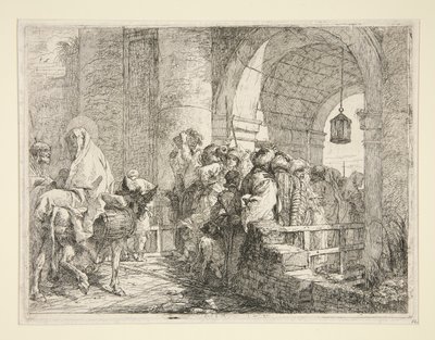 De Aankomst van de Heilige Familie bij de Poort van een Stad, uit de serie Idee pittoresche sopra la fuga in Egitto door Giovanni Domenico Tiepolo