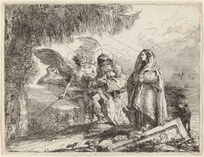 De vlucht, Heilige Familie wandelend met engel door Giovanni Domenico Tiepolo